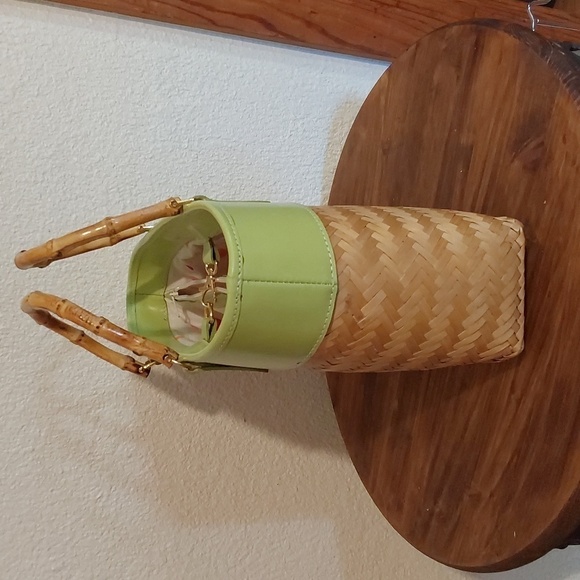 Green & Rattan Straw TOTE bag Bamboo Handles Polka-dot interior Medium Size - Picture 2 of 8